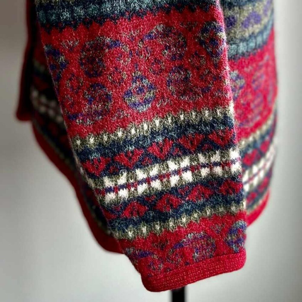 Vintage Simons Cerise & Multicolor Fair Isle Pure Shetland Wool Cardigan – US L - Picture 8 of 14